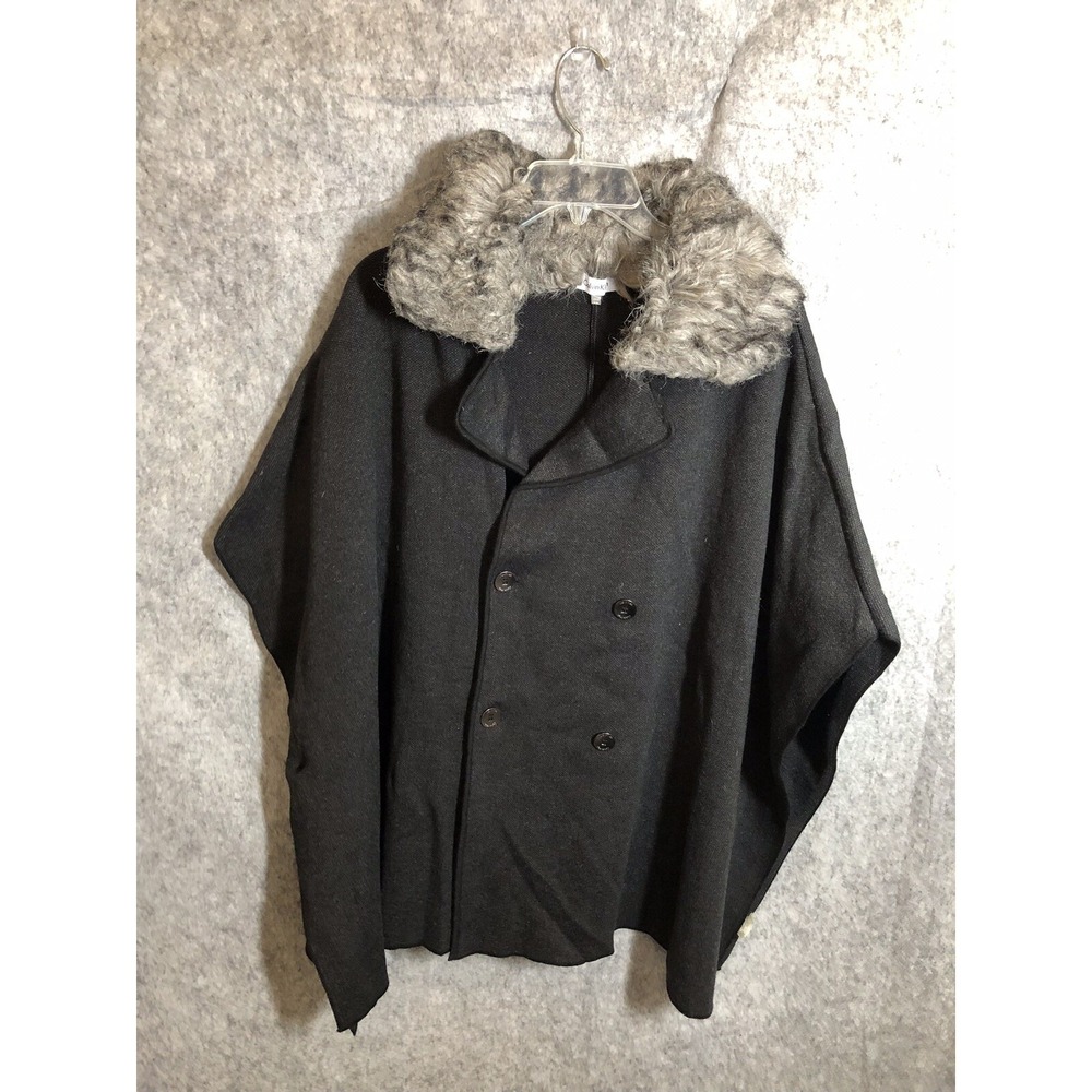 Calvin Klein Coat Women One Size Black Cape Shawl Faux Fur Glamour Moxie Swing
